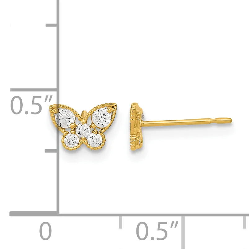 Gold butterfly stud earrings with round cubic zirconia stones set in the wings and center, shown from front and side views next to a measurement scale.