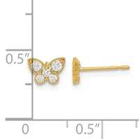 Gold butterfly stud earrings with round cubic zirconia stones set in the wings and center, shown from front and side views next to a measurement scale.