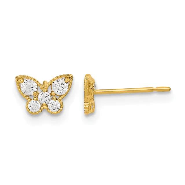 A pair of gold butterfly stud earrings with round cubic zirconia stones set in the wings, shown from front and side views.