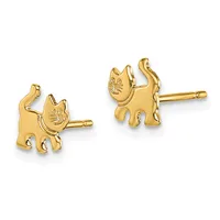 A pair of yellow gold cat-shaped stud earrings with detailed facial features and tail designs, shown from front and side angles.