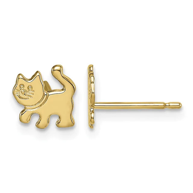 Pair of gold cat-shaped stud earrings shown from front and side views, each featuring a sitting cat with detailed facial features and a post back.