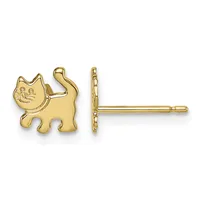 Pair of gold cat-shaped stud earrings shown from front and side views, each featuring a sitting cat with detailed facial features and a post back.