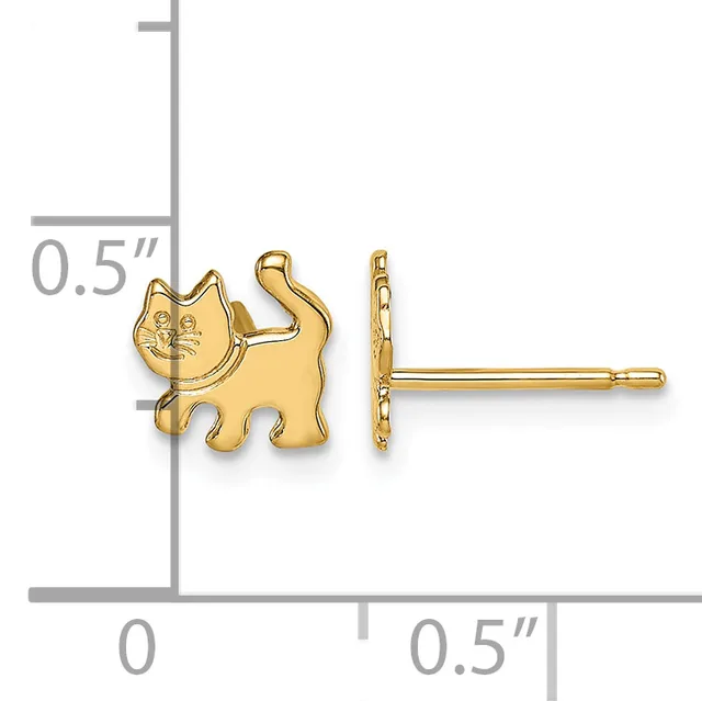 Gold-colored cat-shaped stud earrings shown front and side view with measurement scale indicating approximately 0.5 inch height.