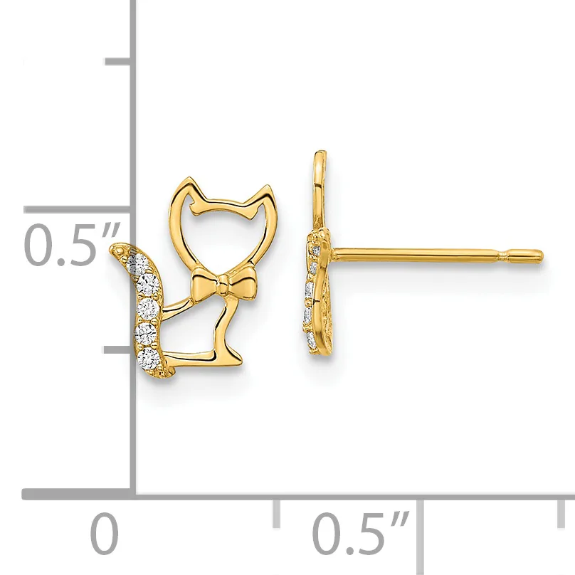Gold cat-shaped stud earrings with diamond accents on the tail and bow, shown front and side view against a measurement scale.
