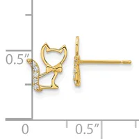 Gold cat-shaped stud earrings with diamond accents on the tail and bow, shown front and side view against a measurement scale.