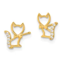 A pair of gold cat-shaped stud earrings with diamond accents along the tail, shown from front and side views.