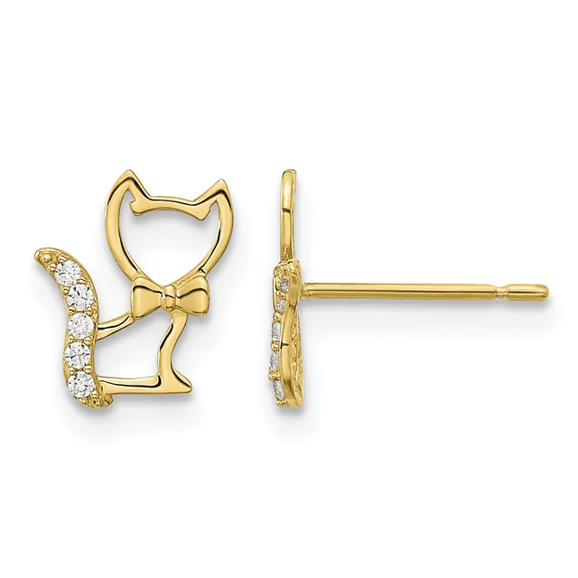 Gold cat-shaped stud earrings with a bow detail and cubic zirconia accents on the tail, shown from front and side views.