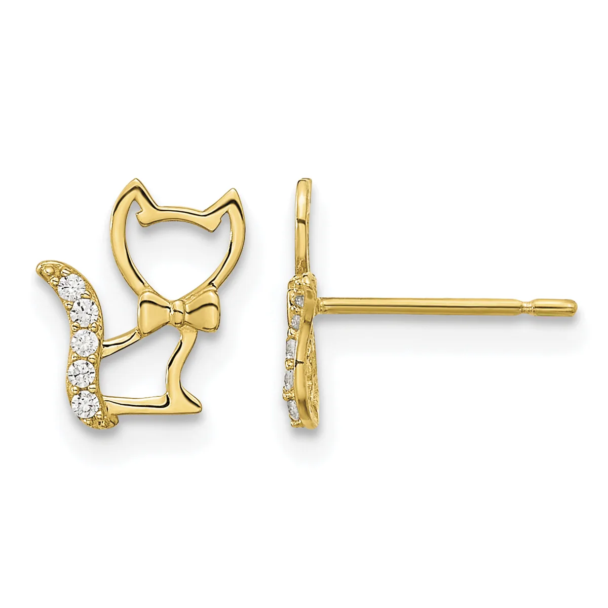 Gold cat-shaped stud earrings with a bow detail and cubic zirconia accents on the tail, shown from front and side views.