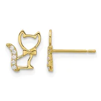 Gold cat-shaped stud earrings with a bow detail and cubic zirconia accents on the tail, shown from front and side views.