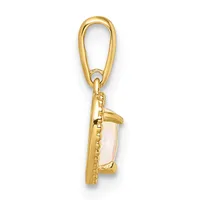 Gold pendant with rectangular opalescent stone in beaded setting, suspended from gold loop bail, shown against white background.