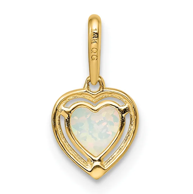 A gold heart-shaped pendant with an opal stone center and decorative cutout frame, attached to a gold bail loop.