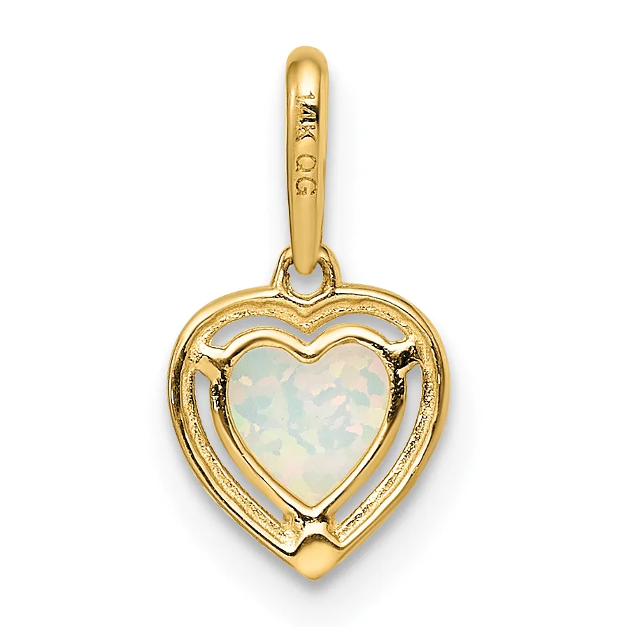 A gold heart-shaped pendant with an opal stone center and decorative cutout frame, attached to a gold bail loop.