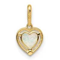 A gold heart-shaped pendant with an opal stone center and decorative cutout frame, attached to a gold bail loop.