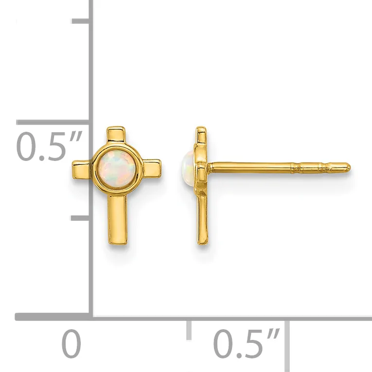 Gold cross earrings with round opal cabochon centers, shown front and back views next to a ruler indicating approximately 0.5 inches in height.
