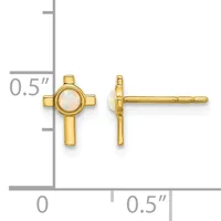 Gold cross earrings with round opal cabochon centers, shown front and back views next to a ruler indicating approximately 0.5 inches in height.