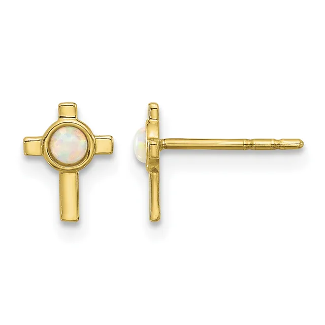 Pair of gold cross-shaped stud earrings with round opalescent stone centers, shown from front and side views.