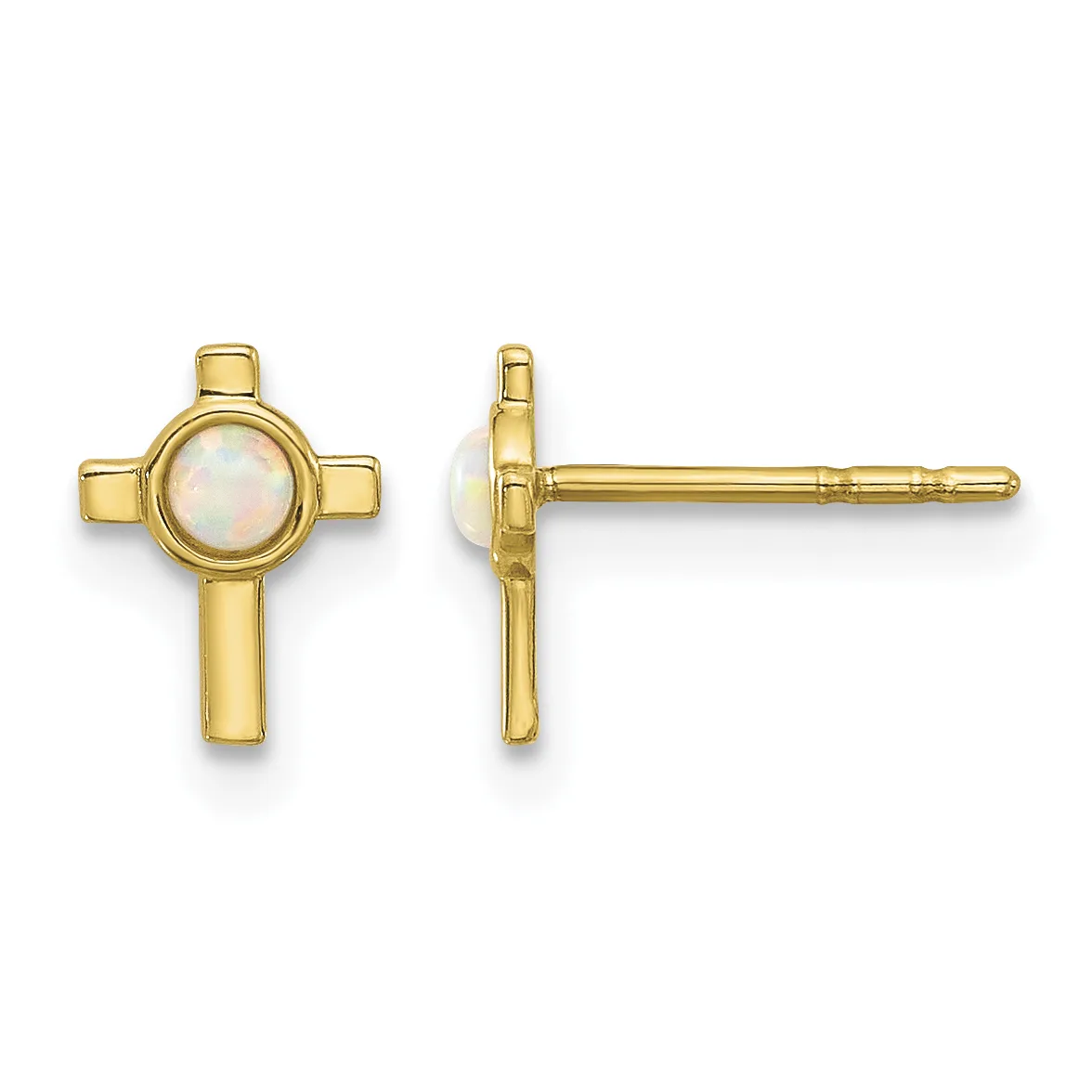 Pair of gold cross-shaped stud earrings with round opalescent stone centers, shown from front and side views.