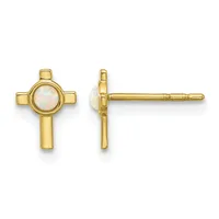 Pair of gold cross-shaped stud earrings with round opalescent stone centers, shown from front and side views.