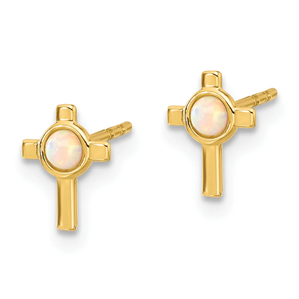 Pair of gold cross earrings with round opalescent stone centers and post and clutch backings.
