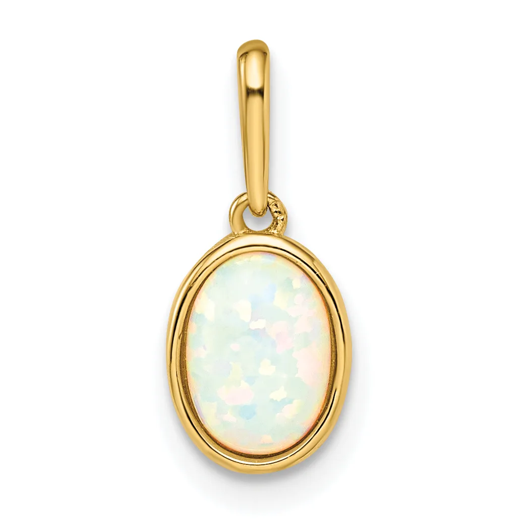 A gold oval pendant with a bezel-set white opal cabochon stone, suspended from a gold bail loop.