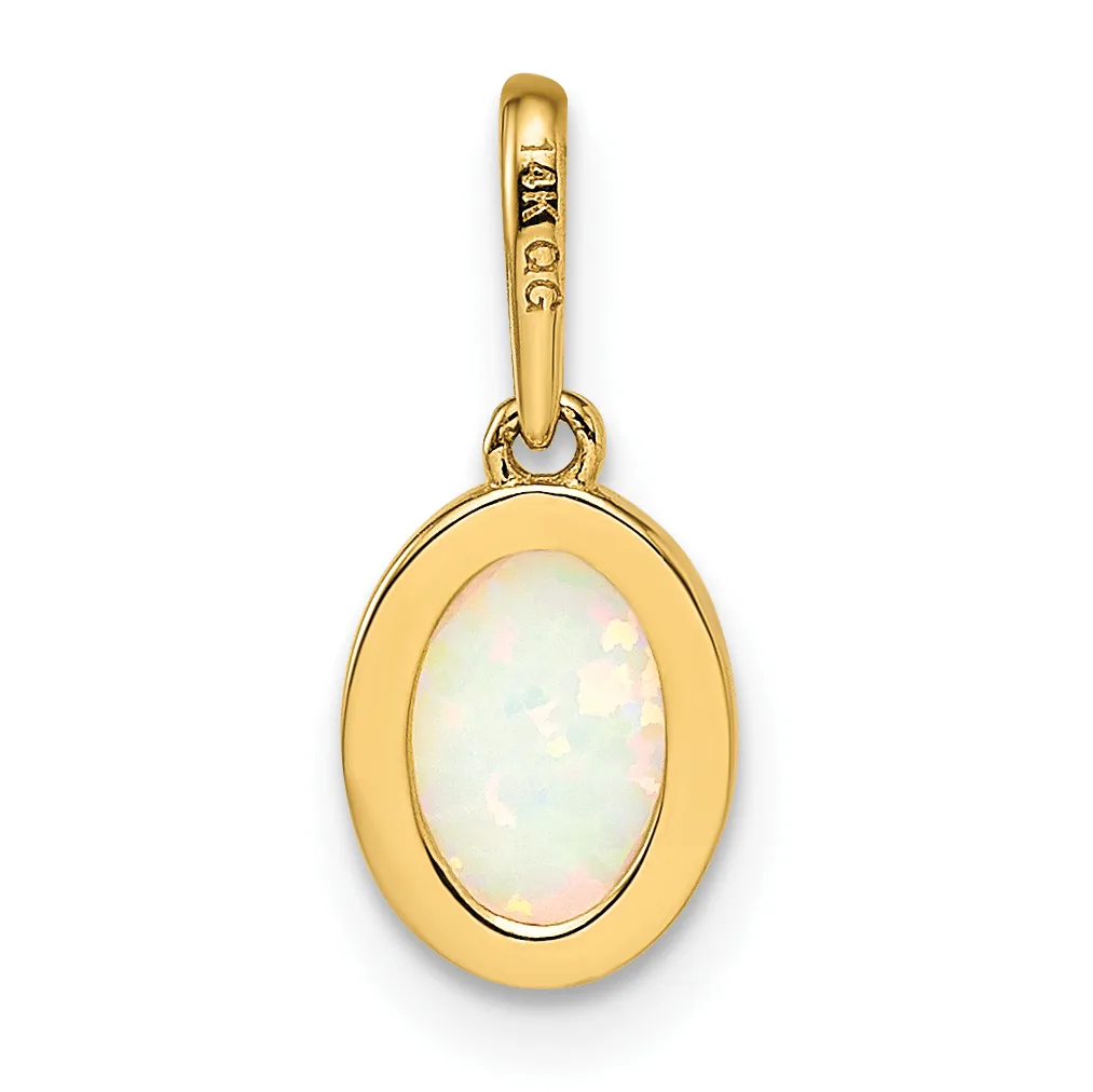 Gold oval pendant with a bezel-set white opal cabochon and a gold bail loop, displayed against a white background.