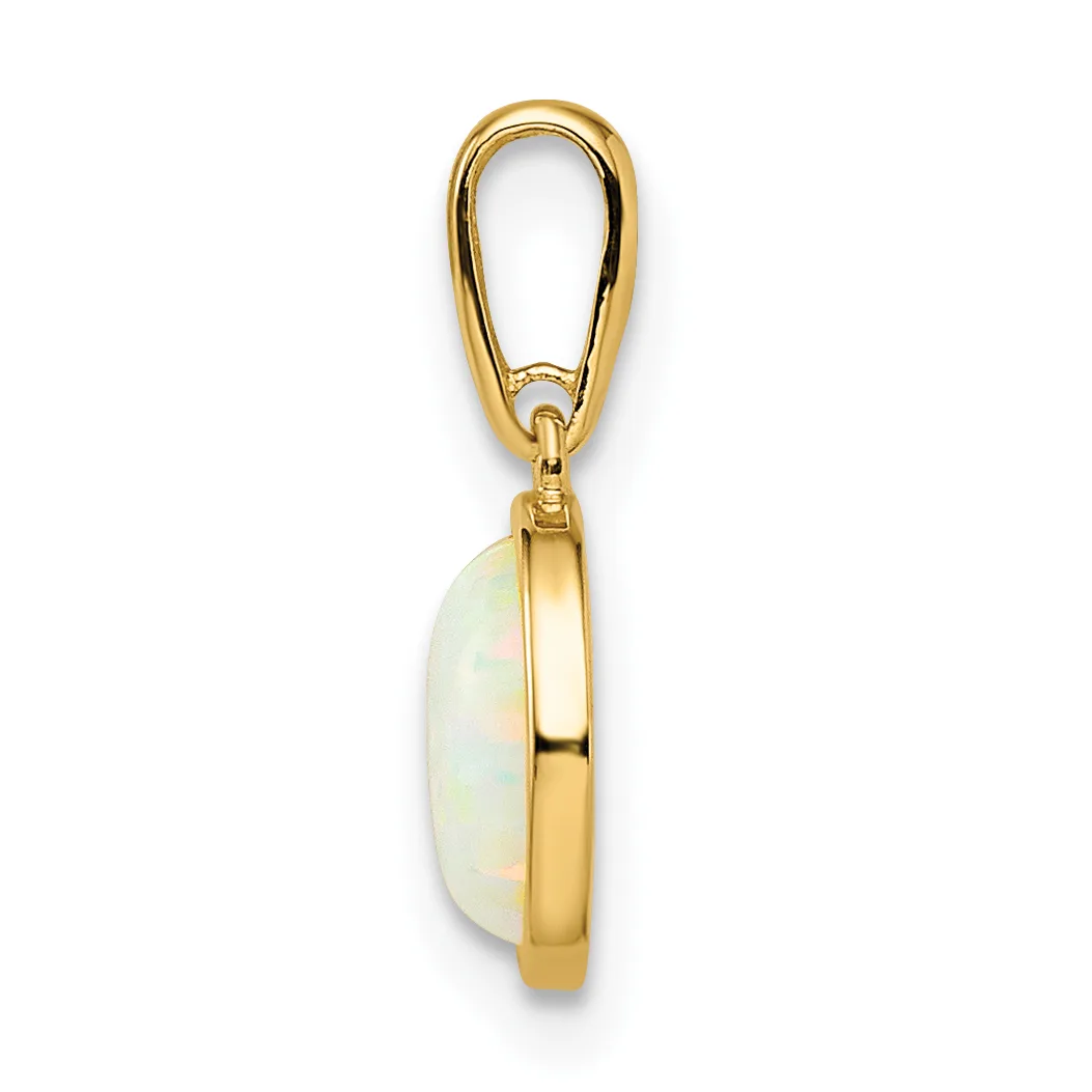 Gold pendant with an oval bail at the top and a polished pale green opal stone set in a bezel-style gold frame.
