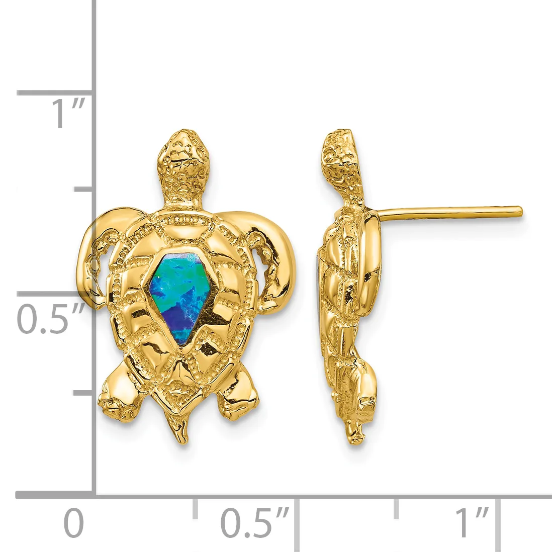 Gold turtle earrings with blue opal cabochon centers, shown from front and side views next to a measurement scale.