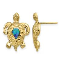 Pair of gold sea turtle earrings with blue opal stone centers, shown from front and side views.