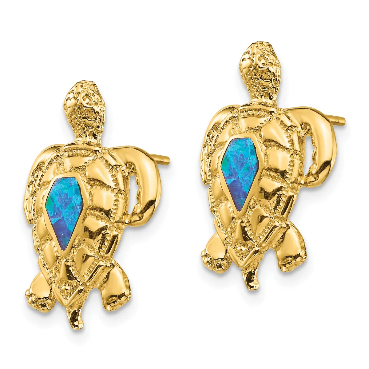 Pair of gold turtle stud earrings with blue opal inlay on the shell and post and clutch backs.