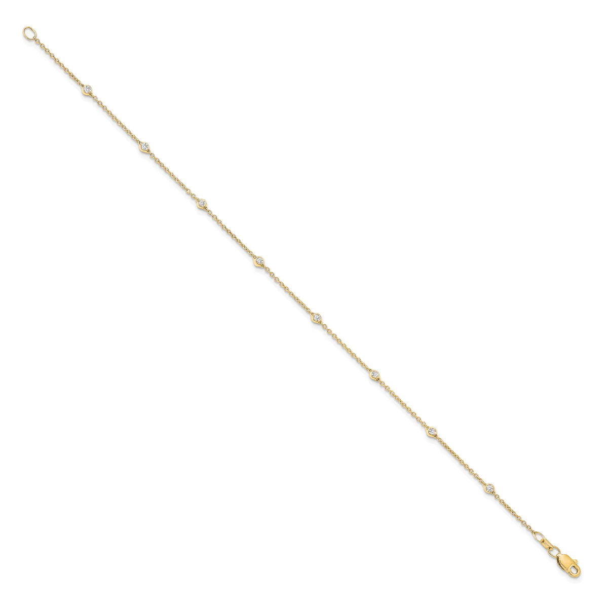 A delicate gold-toned chain bracelet with small beaded details evenly spaced throughout, featuring a clasp at one end and a teardrop charm at the other.