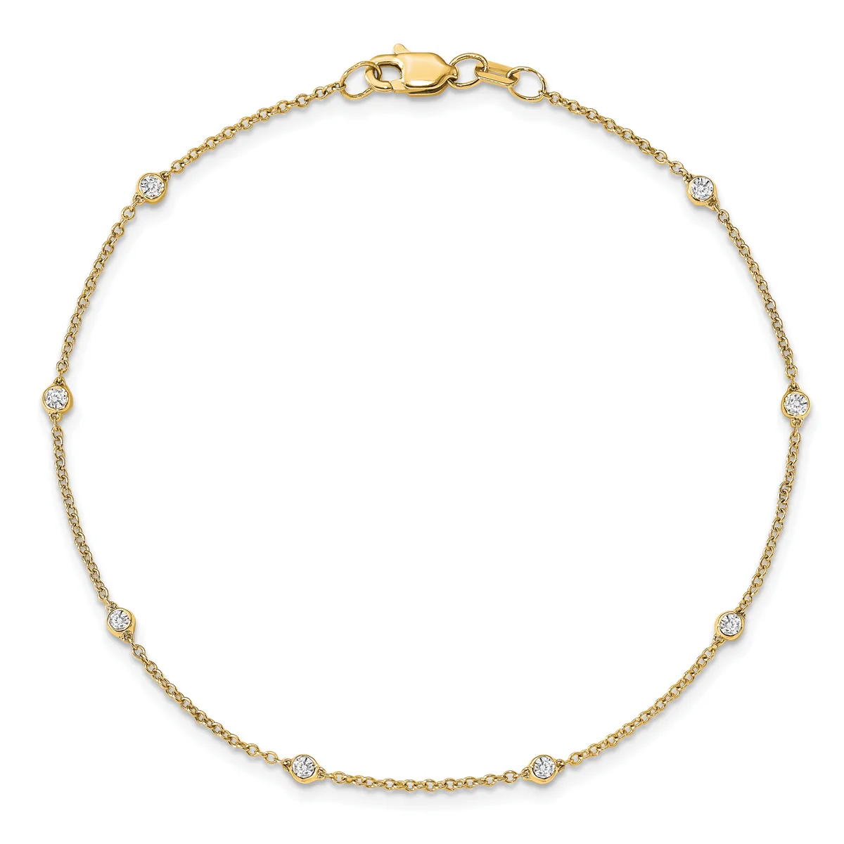 A gold chain bracelet with evenly spaced round diamond stations and a lobster clasp closure, displayed on a white background.