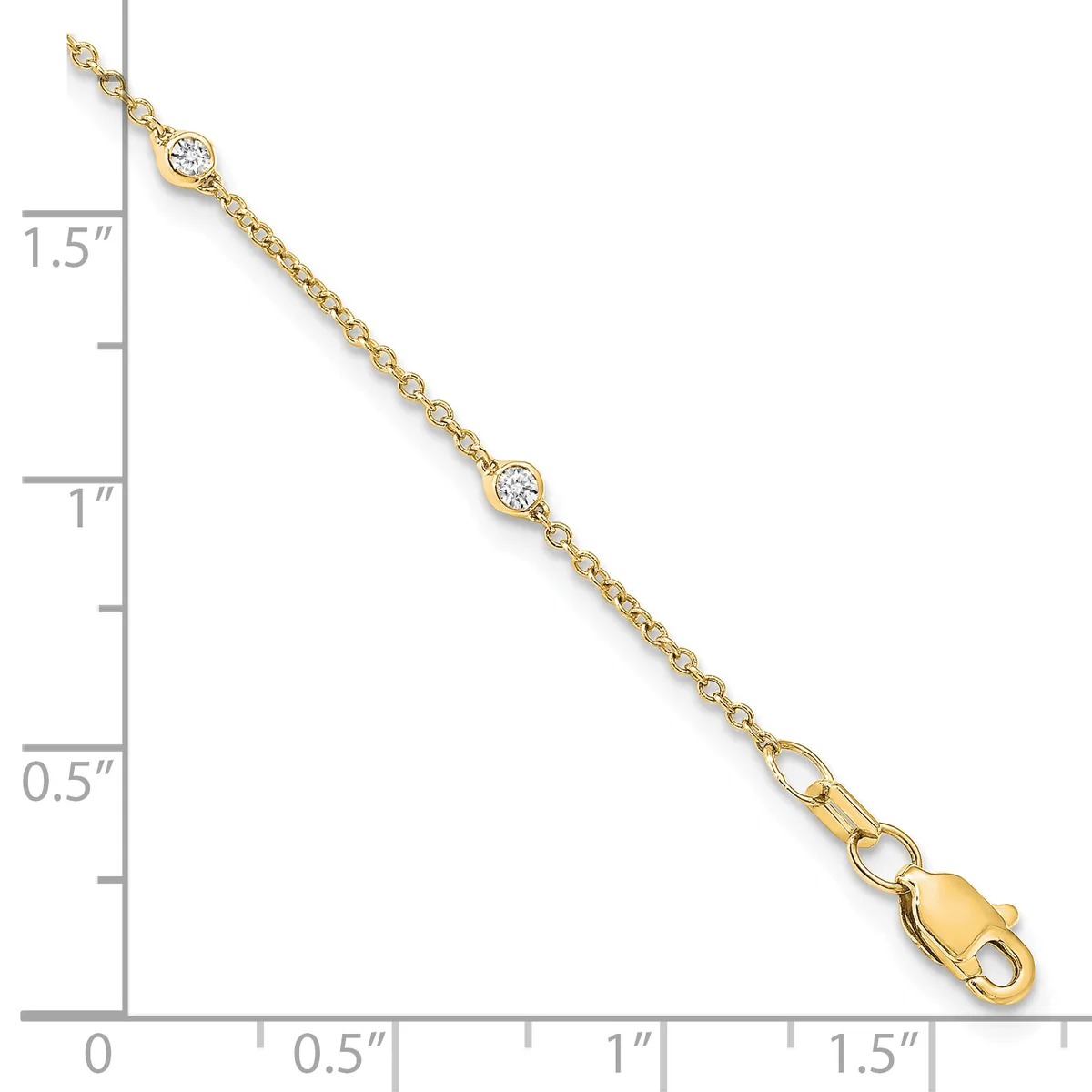 Gold chain bracelet with three round diamond stations and a lobster clasp, displayed against a measurement ruler showing approximately 1.5 inches in length.