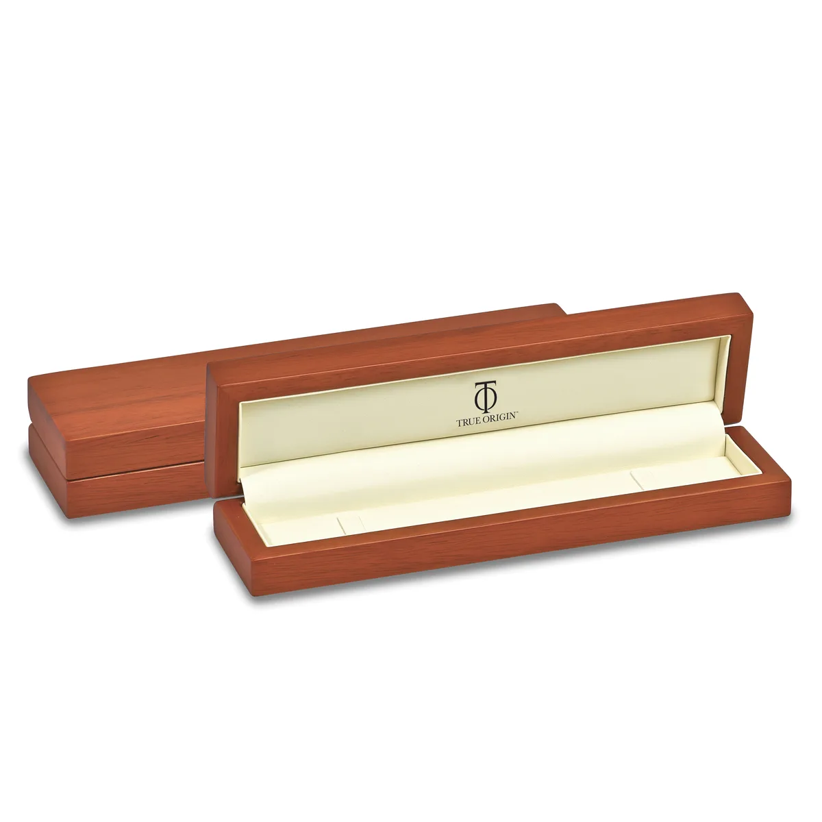 An open wooden jewelry box with a cream-colored interior lining, shown alongside its matching closed lid, displaying empty display slots for storing items.