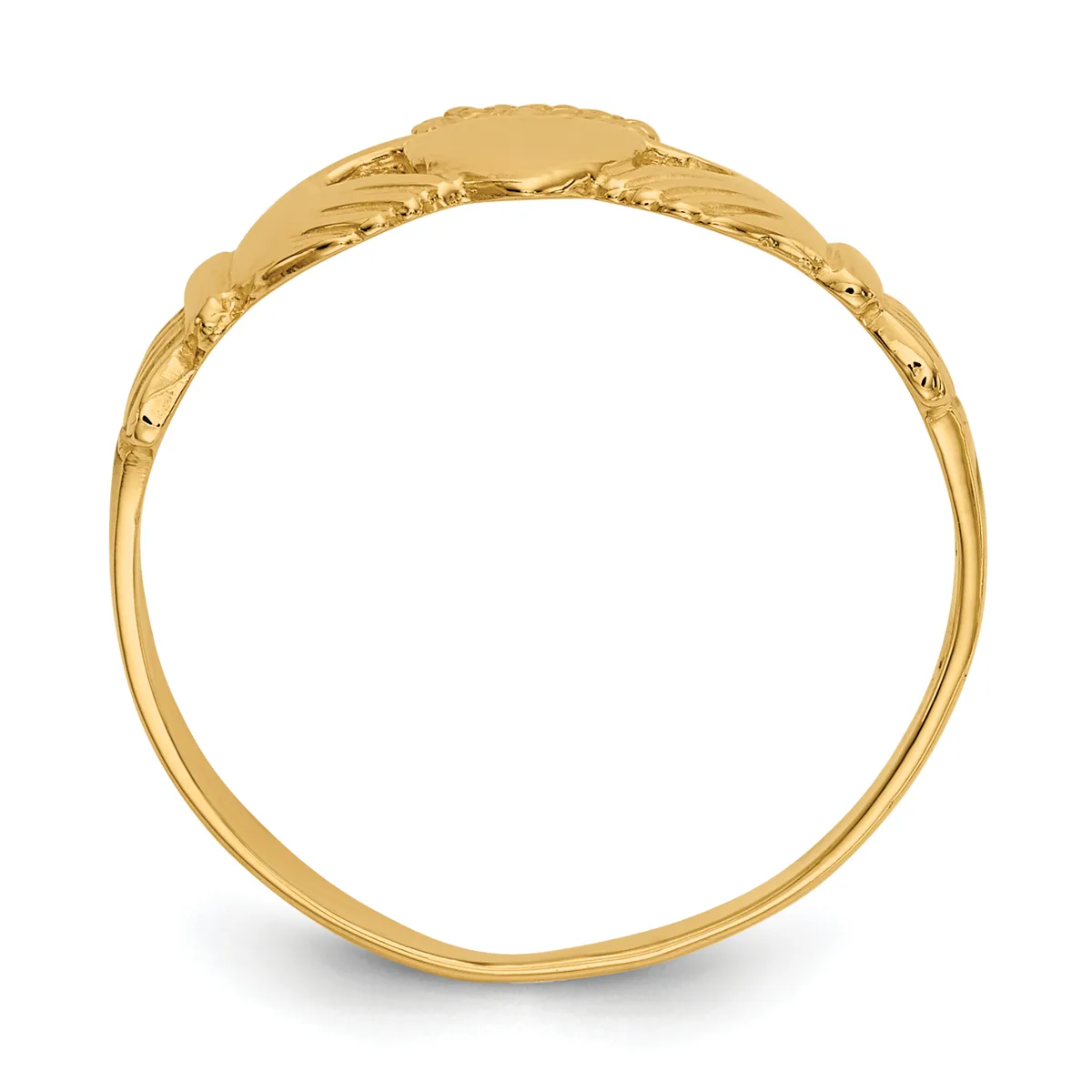 A yellow gold signet ring with an oval engraving plate, decorative rope border, textured scroll detailing on the shoulders, and a slim polished band, photographed from the side.