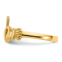 Yellow gold Claddagh ring shown from the side, featuring two hands holding a heart topped with a crown, with a polished flat band.