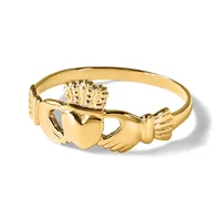 A gold Claddagh ring featuring two hands holding a heart topped with a crown, shown at an angle against a white background.