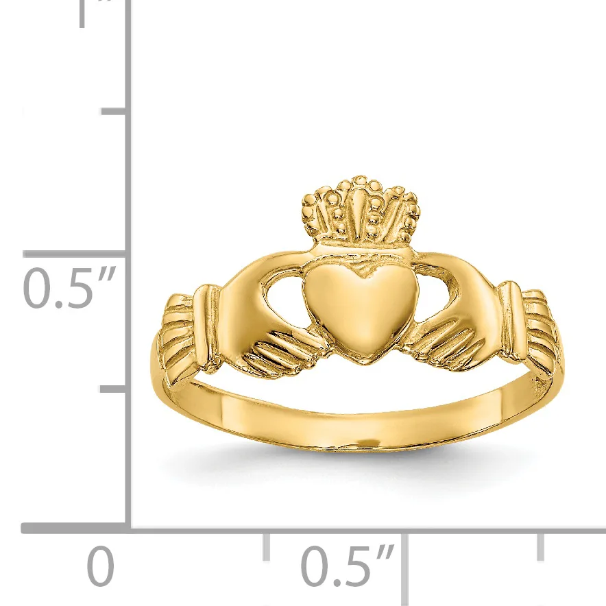 14k yellow gold Claddagh ring featuring two hands holding a heart topped with a beaded crown, shown against a white background with a ruler scale indicating approximately 0.5 inches.
