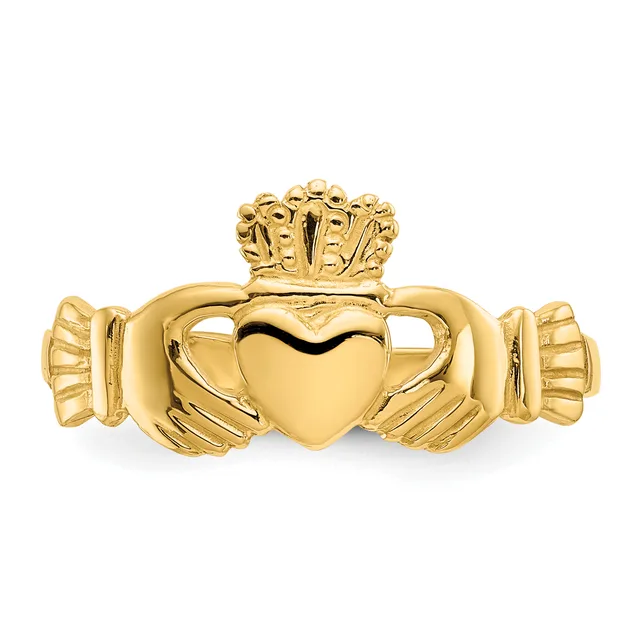 A yellow gold Claddagh ring featuring two hands holding a heart topped with a decorative crown, shown from the front against a white background.