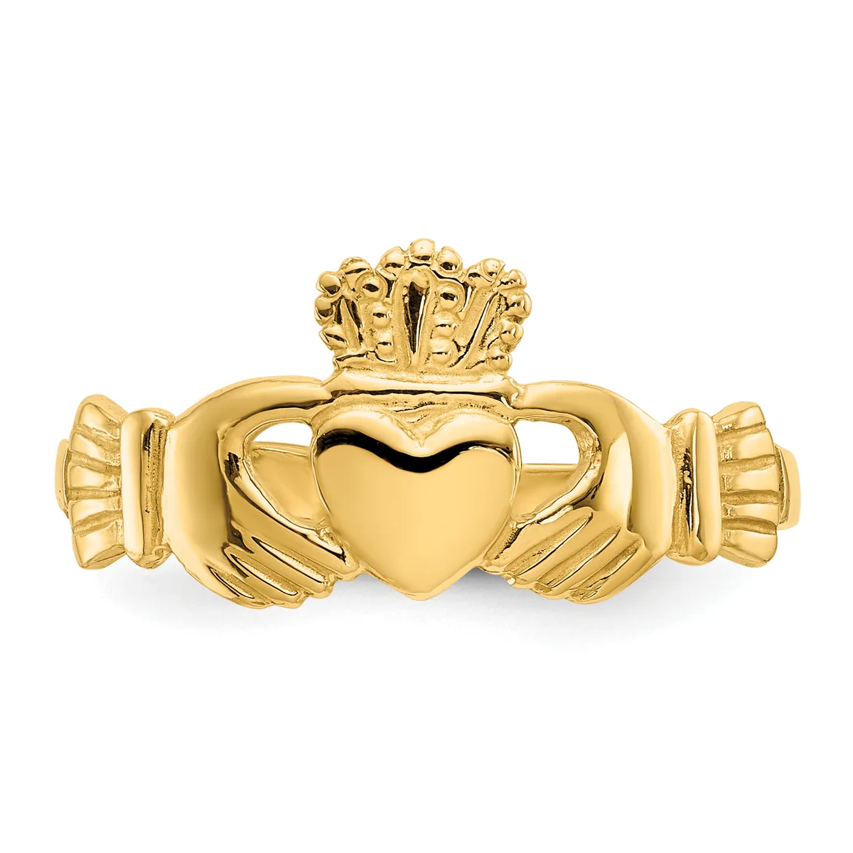 A yellow gold Claddagh ring featuring two hands holding a heart topped with a decorative crown, shown from the front against a white background.