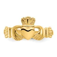 A yellow gold Claddagh ring featuring two hands holding a heart topped with a decorative crown, shown from the front against a white background.