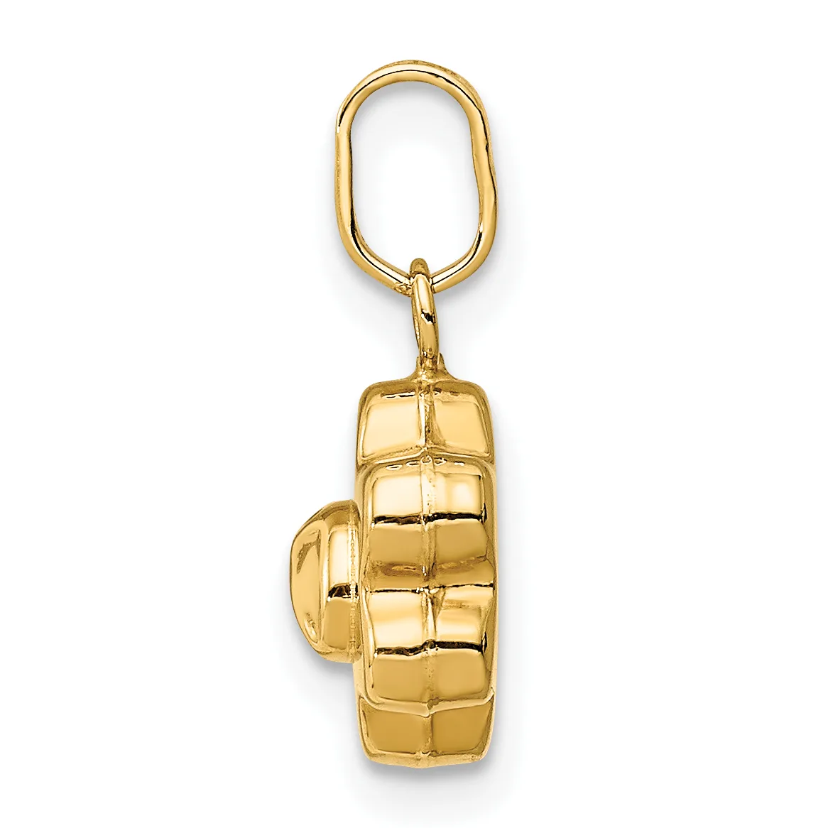 Gold-toned metal keychain charm shaped like a hand grenade with a quilted pattern and an oval split ring attachment.