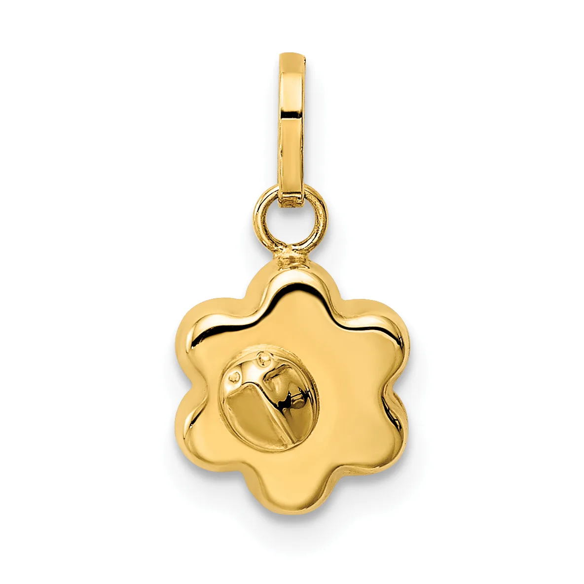 A gold-colored flower-shaped pendant with a scalloped edge and a small circular charm attached below, suspended from a rectangular bail.