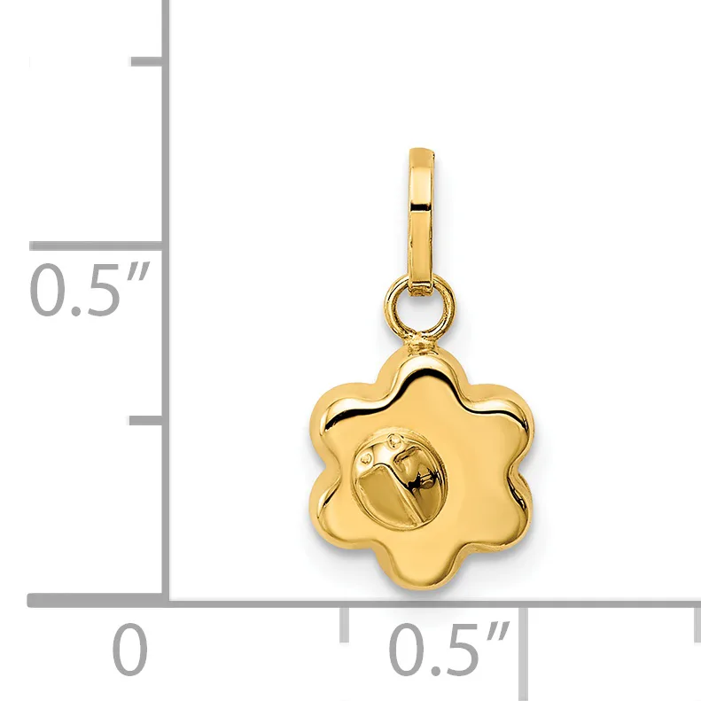 A gold-toned flower-shaped charm with a scalloped edge and small circular disc in the center, shown next to a measurement scale indicating approximately 0.5 inches in height and width.