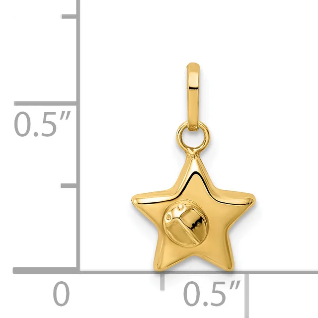 Gold star charm with a ladybug design in the center, shown next to a measurement scale indicating approximately half an inch in width and height.