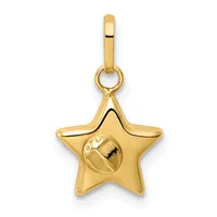 Gold star-shaped pendant with a small circular opening in the center, suspended from a rectangular bail with a jump ring.