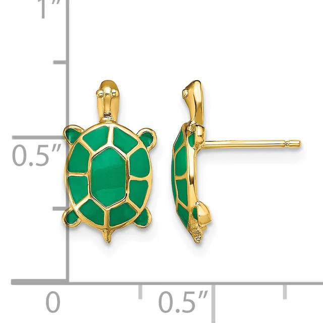 Gold turtle earrings with green enamel shell and matching posts, shown front and side view against a measurement scale.