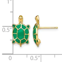 Gold turtle earrings with green enamel shell and matching posts, shown front and side view against a measurement scale.