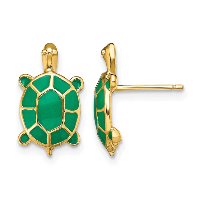 Gold turtle stud earrings with green enamel shell sections, shown from front and side views.