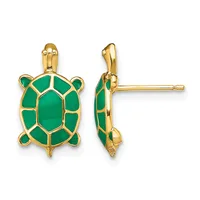 Gold turtle stud earrings with green enamel shell sections, shown from front and side views.