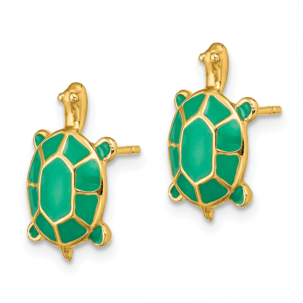 A pair of gold-toned turtle earrings with green enamel shells and clip-on closures.